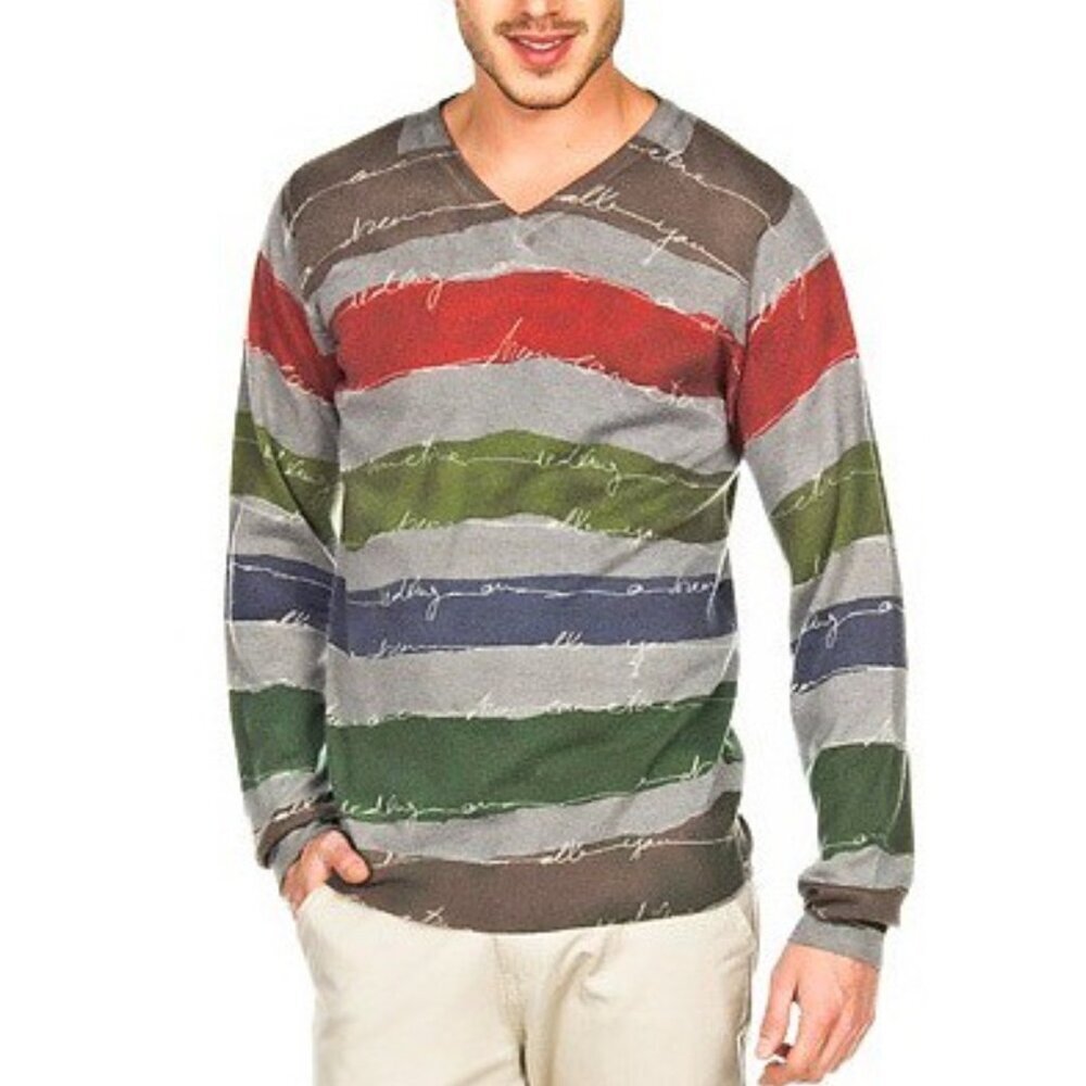 Desigual Men's Striped Striped V-Neck Wool Sweater Size Medium - Picture 2 of 10